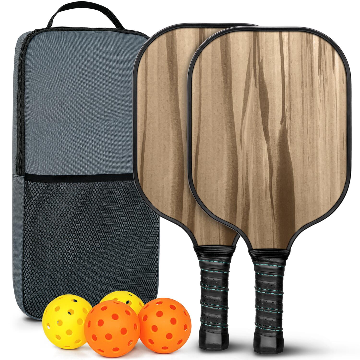 Pickleball Paddles Set Of 2, Fiberglass Surface, Wood Grain Print, 4 Balls & Bag