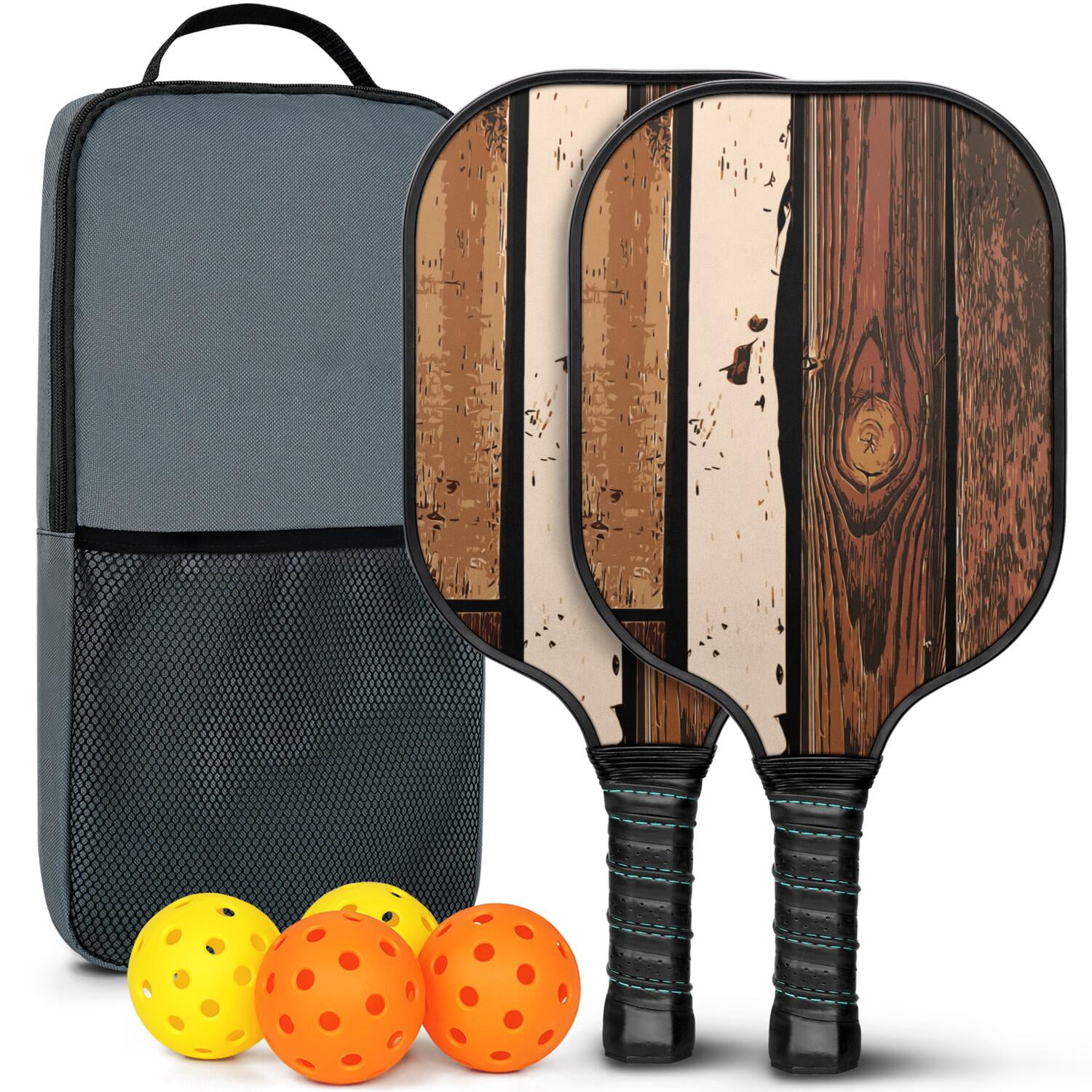 Pickleball Paddles Set Of 2, Fiberglass Surface, Wood Grain Print, 4 Balls & Bag