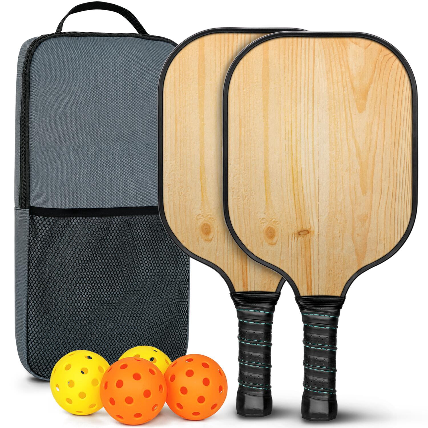 Pickleball Paddles Set Of 2, Fiberglass Surface, Wood Grain Print, 4 Balls & Bag