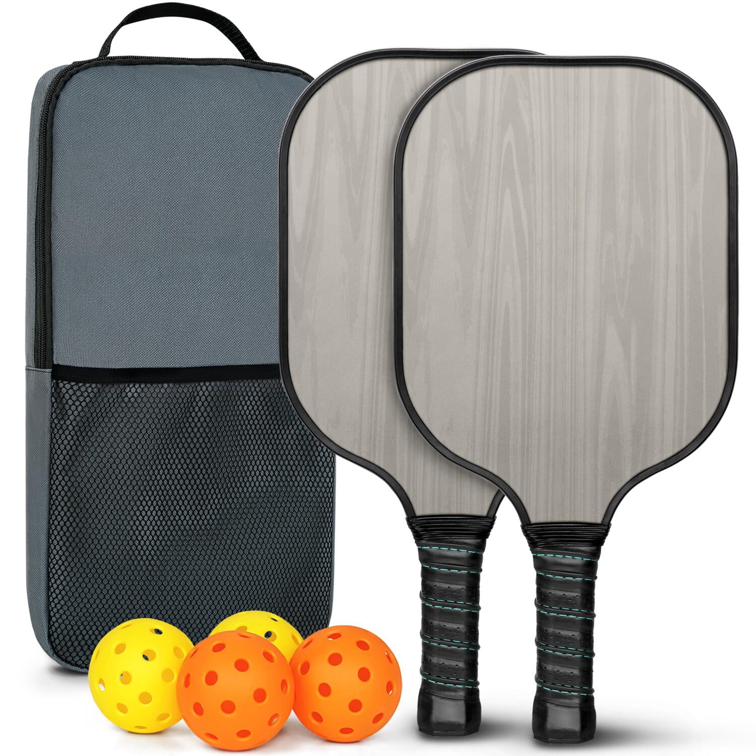 Pickleball Paddles Set Of 2, Fiberglass Surface, Wood Grain Print, 4 Balls & Bag