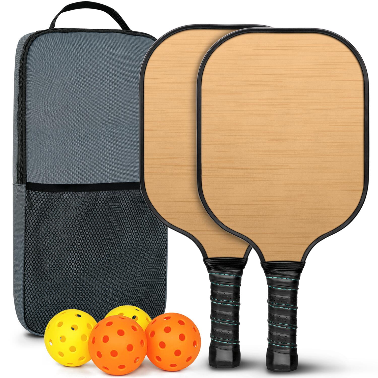 Pickleball Paddles Set Of 2, Fiberglass Surface, Wood Grain Print, 4 Balls & Bag