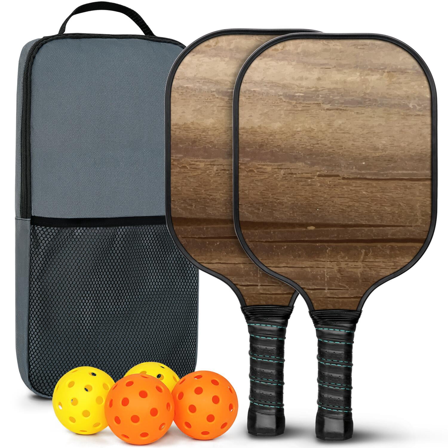 Pickleball Paddles Set Of 2, Fiberglass Surface, Wood Grain Print, 4 Balls & Bag