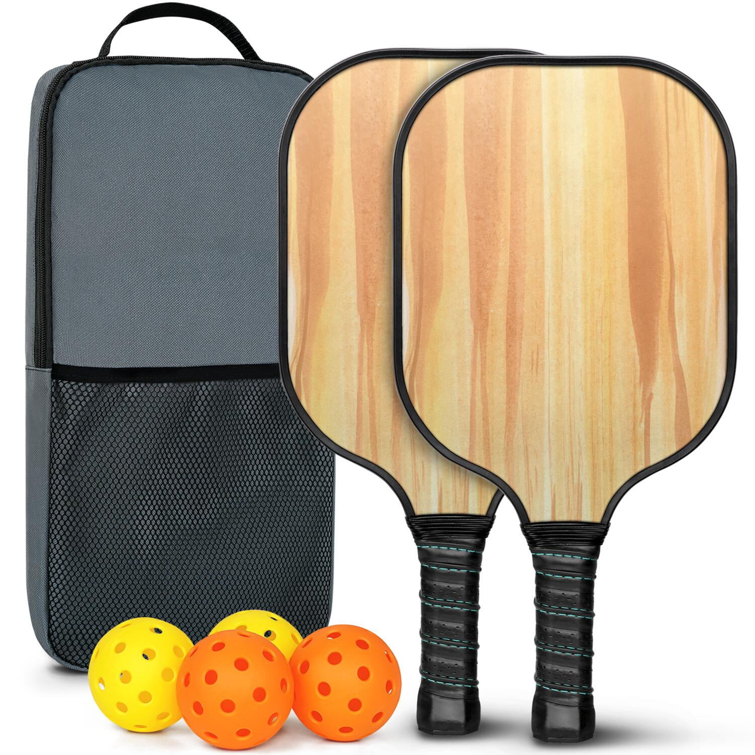 Pickleball Paddles Set Of 2, Fiberglass Surface, Wood Grain Print, 4 Balls & Bag