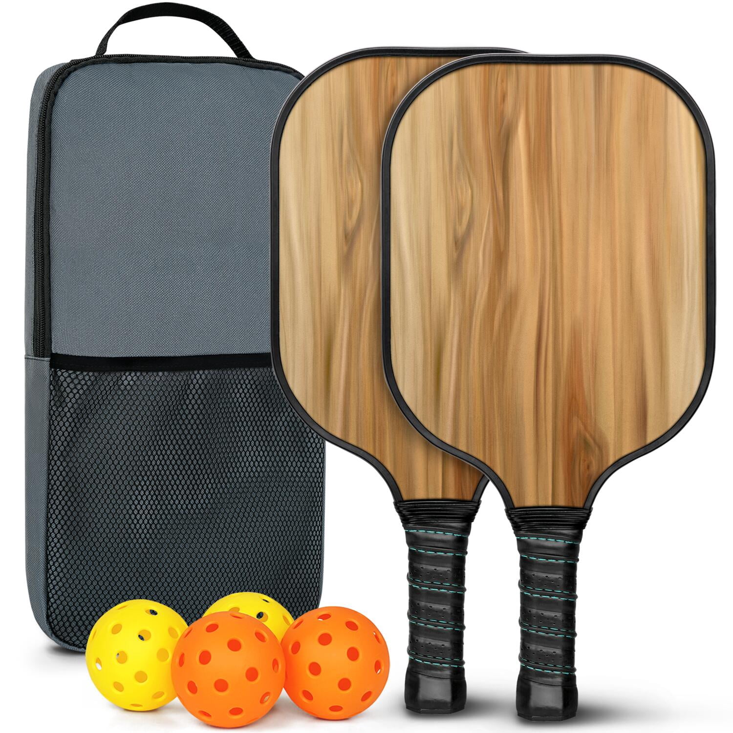 Pickleball Paddles Set Of 2, Fiberglass Surface, Wood Grain Print, 4 Balls & Bag