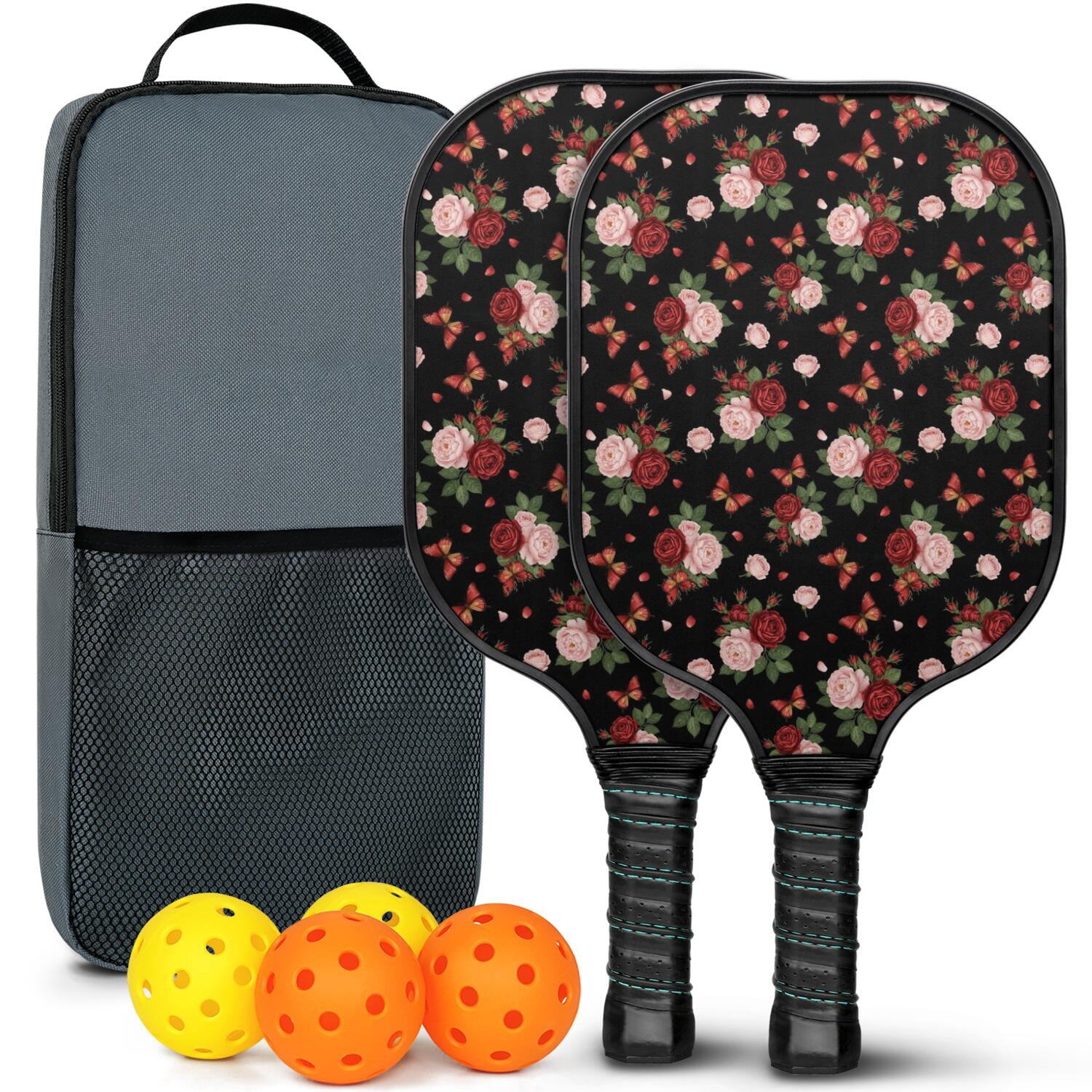 Pickleball Paddles Set,Pioneer Flower Floral Print Pattern Fiberglass Surface Pickleball Racket Set with 2 Indoor Outdoor Pickleball Balls and Pickleball Bag,Pickle-ball Equipment