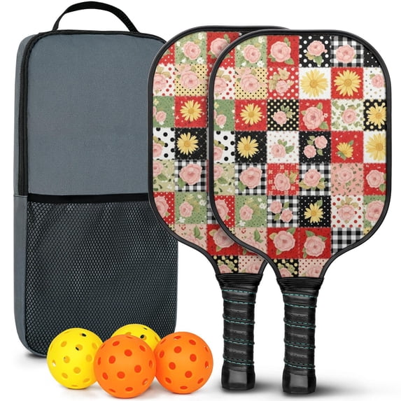 Pickleball Paddles Set,Pioneer Flower Floral Print Pattern Fiberglass Surface Pickleball Racket Set with 2 Indoor Outdoor Pickleball Balls and Pickleball Bag,Pickle-ball Equipment