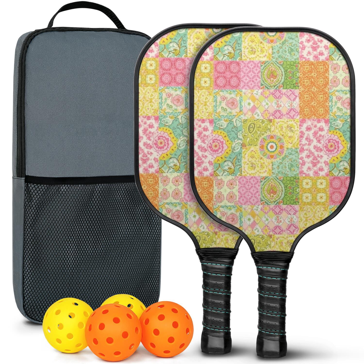Pickleball Paddles Set,Pioneer Flower Floral Print Pattern Fiberglass Surface Pickleball Racket Set with 2 Indoor Outdoor Pickleball Balls and Pickleball Bag,Pickle-ball Equipment