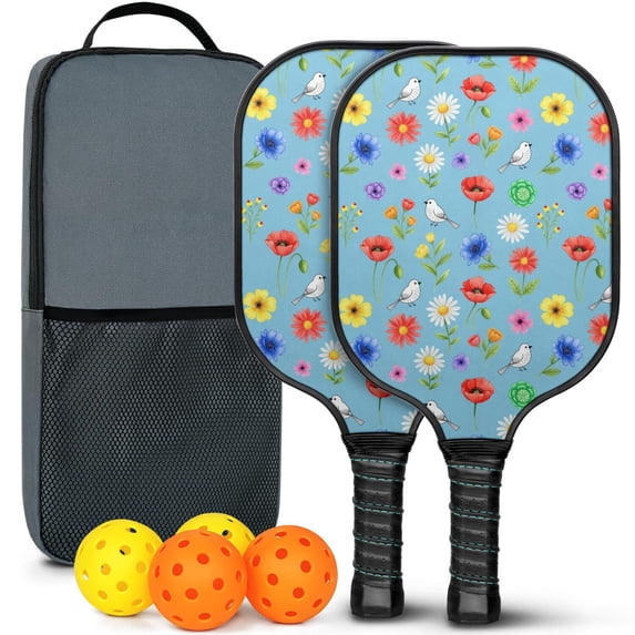Pickleball Paddles Set,Pioneer Flower Floral Print Pattern Fiberglass Surface Pickleball Racket Set with 2 Indoor Outdoor Pickleball Balls and Pickleball Bag,Pickle-ball Equipment