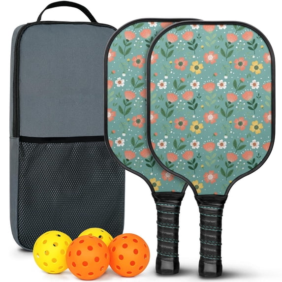Pickleball Paddles Set,Pioneer Flower Floral Print Pattern Fiberglass Surface Pickleball Racket Set with 2 Indoor Outdoor Pickleball Balls and Pickleball Bag,Pickle-ball Equipment