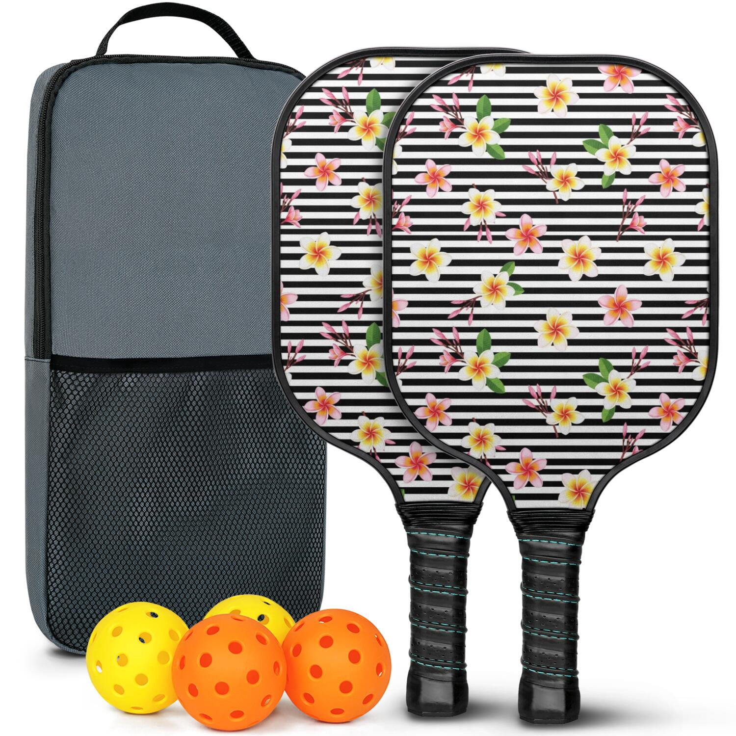 Pickleball Paddles Set,Pioneer Flower Floral Print Pattern Fiberglass Surface Pickleball Racket Set with 2 Indoor Outdoor Pickleball Balls and Pickleball Bag,Pickle-ball Equipment