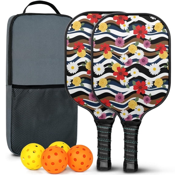 Pickleball Paddles Set,Pioneer Flower Floral Print Pattern Fiberglass Surface Pickleball Racket Set with 2 Indoor Outdoor Pickleball Balls and Pickleball Bag,Pickle-ball Equipment