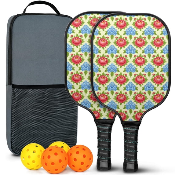 Pickleball Paddles Set,Pioneer Flower Floral Print Pattern Fiberglass Surface Pickleball Racket Set with 2 Indoor Outdoor Pickleball Balls and Pickleball Bag,Pickle-ball Equipment
