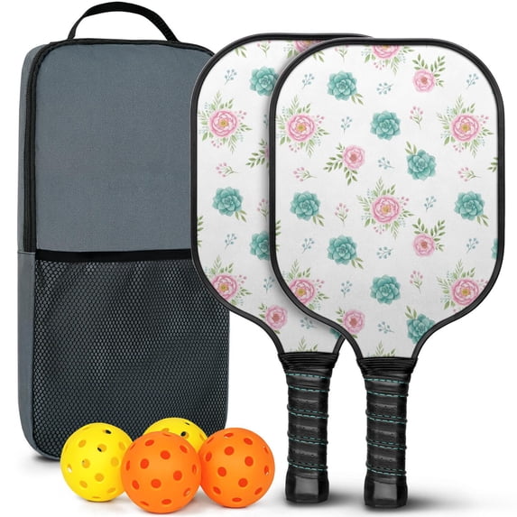 Pickleball Paddles Set,Pioneer Flower Floral Print Pattern Fiberglass Surface Pickleball Racket Set with 2 Indoor Outdoor Pickleball Balls and Pickleball Bag,Pickle-ball Equipment