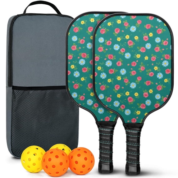 Pickleball Paddles Set,Pioneer Flower Floral Print Pattern Fiberglass Surface Pickleball Racket Set with 2 Indoor Outdoor Pickleball Balls and Pickleball Bag,Pickle-ball Equipment