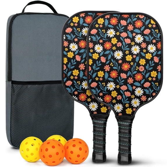 Pickleball Paddles Set,Pioneer Flower Floral Print Pattern Fiberglass Surface Pickleball Racket Set with 2 Indoor Outdoor Pickleball Balls and Pickleball Bag,Pickle-ball Equipment