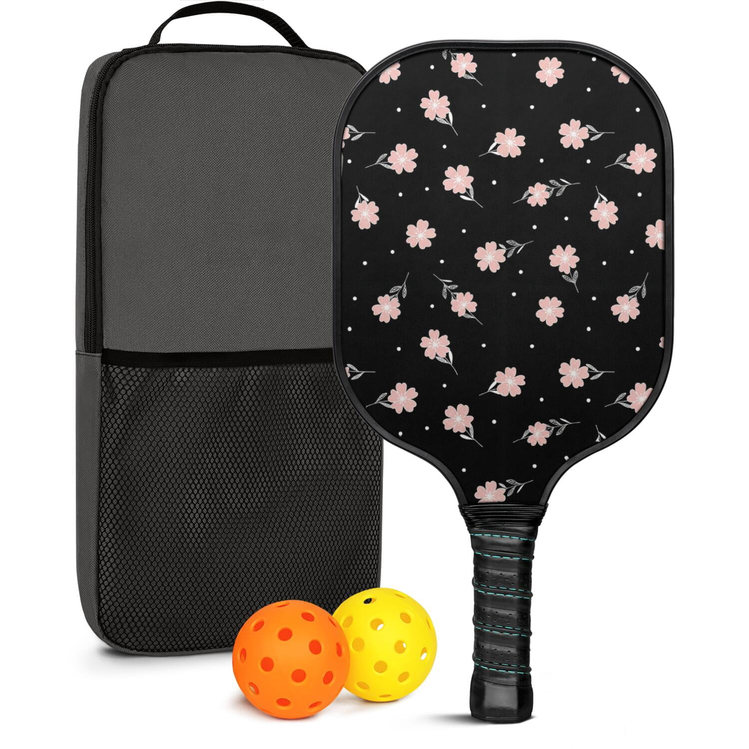 Pickleball Paddles Set,Pioneer Flower Floral Print Pattern Fiberglass Surface Pickleball Racket Set with 2 Indoor Outdoor Pickleball Balls and Pickleball Bag,Pickle-ball Equipment