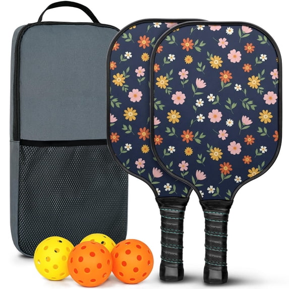 Pickleball Paddles Set,Pioneer Flower Floral Print Pattern Fiberglass Surface Pickleball Racket Set with 2 Indoor Outdoor Pickleball Balls and Pickleball Bag,Pickle-ball Equipment