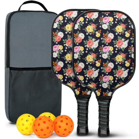 Pickleball Paddles Set,Pioneer Flower Floral Print Pattern Fiberglass Surface Pickleball Racket Set with 2 Indoor Outdoor Pickleball Balls and Pickleball Bag,Pickle-ball Equipment