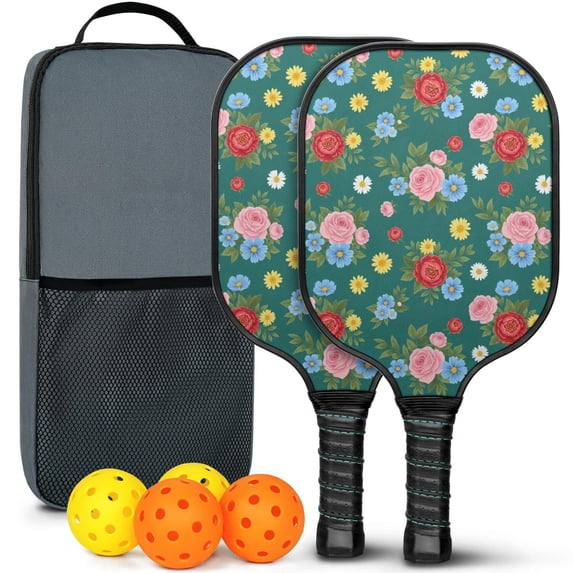 Pickleball Paddles Set,Pioneer Flower Floral Print Pattern Fiberglass Surface Pickleball Racket Set with 2 Indoor Outdoor Pickleball Balls and Pickleball Bag,Pickle-ball Equipment