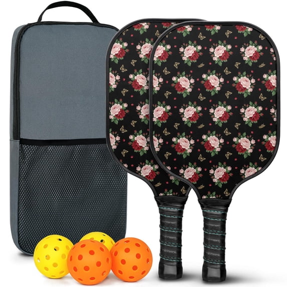 Pickleball Paddles Set,Pioneer Flower Floral Print Pattern Fiberglass Surface Pickleball Racket Set with 2 Indoor Outdoor Pickleball Balls and Pickleball Bag,Pickle-ball Equipment