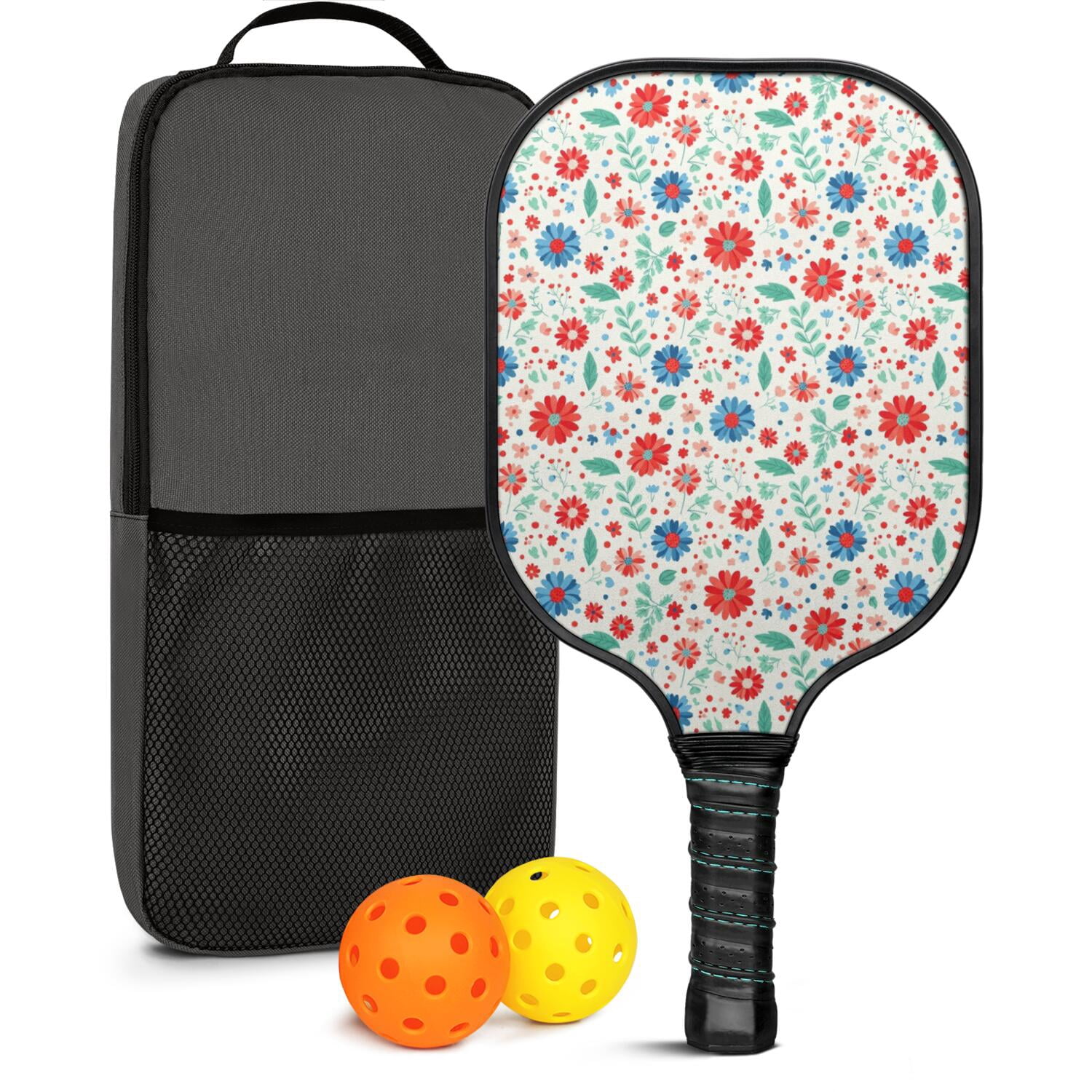 Pickleball Paddles Set,Pioneer Flower Floral Print Pattern Fiberglass Surface Pickleball Racket Set with 2 Indoor Outdoor Pickleball Balls and Pickleball Bag,Pickle-ball Equipment