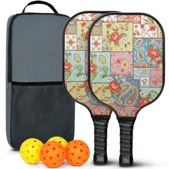 Pickleball Paddles Set,Pioneer Flower Floral Print Pattern Fiberglass Surface Pickleball Racket Set with 2 Indoor Outdoor Pickleball Balls and Pickleball Bag,Pickle-ball Equipment
