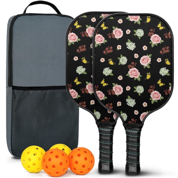 Pickleball Paddles Set,Pioneer Flower Floral Print Pattern Fiberglass Surface Pickleball Racket Set with 2 Indoor Outdoor Pickleball Balls and Pickleball Bag,Pickle-ball Equipment