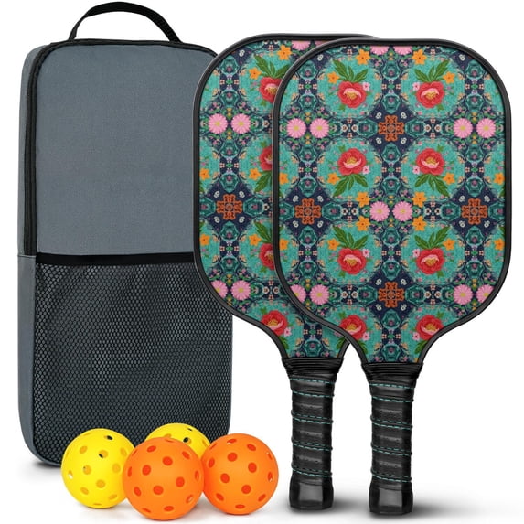 Pickleball Paddles Set,Pioneer Flower Floral Print Pattern Fiberglass Surface Pickleball Racket Set with 2 Indoor Outdoor Pickleball Balls and Pickleball Bag,Pickle-ball Equipment