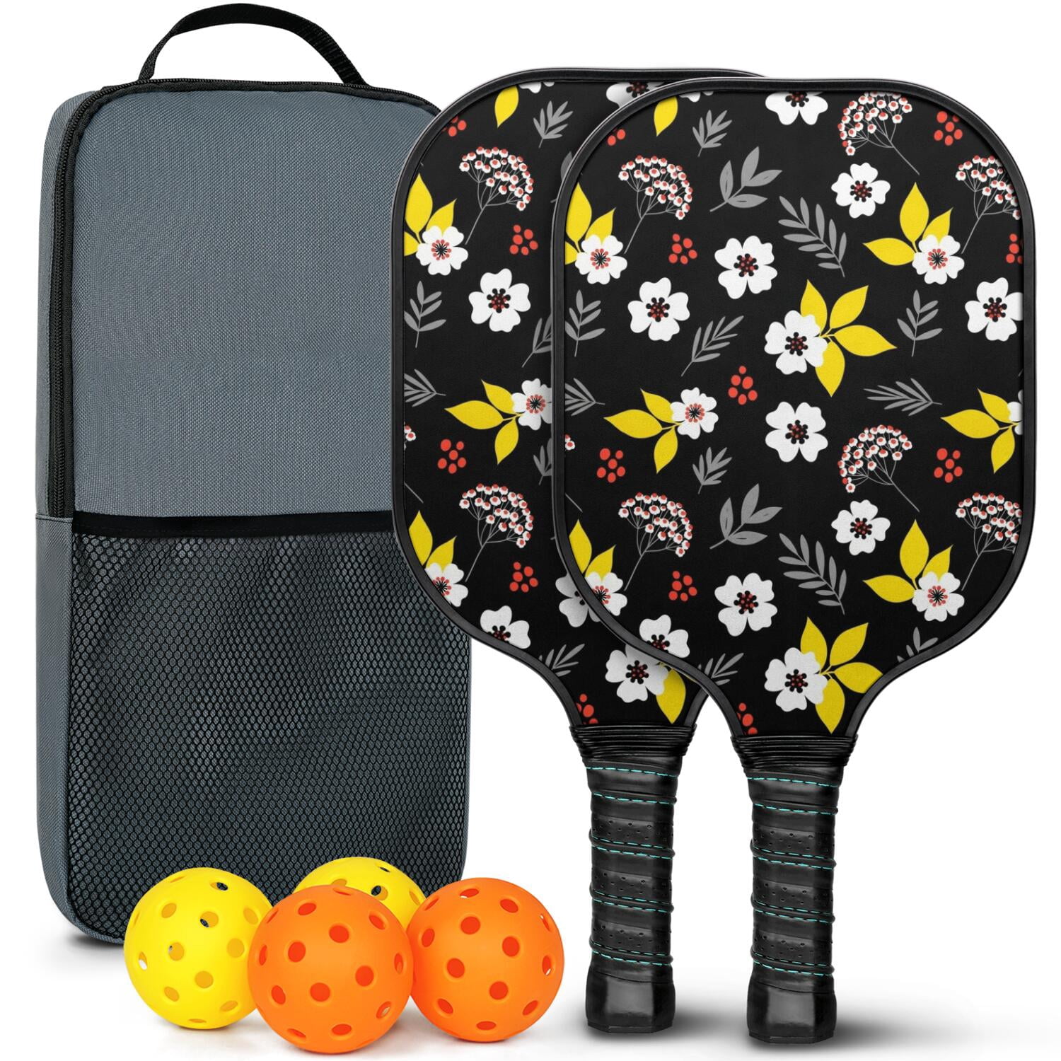 Pickleball Paddles Set,Pioneer Flower Floral Print Pattern Fiberglass Surface Pickleball Racket Set with 2 Indoor Outdoor Pickleball Balls and Pickleball Bag,Pickle-ball Equipment