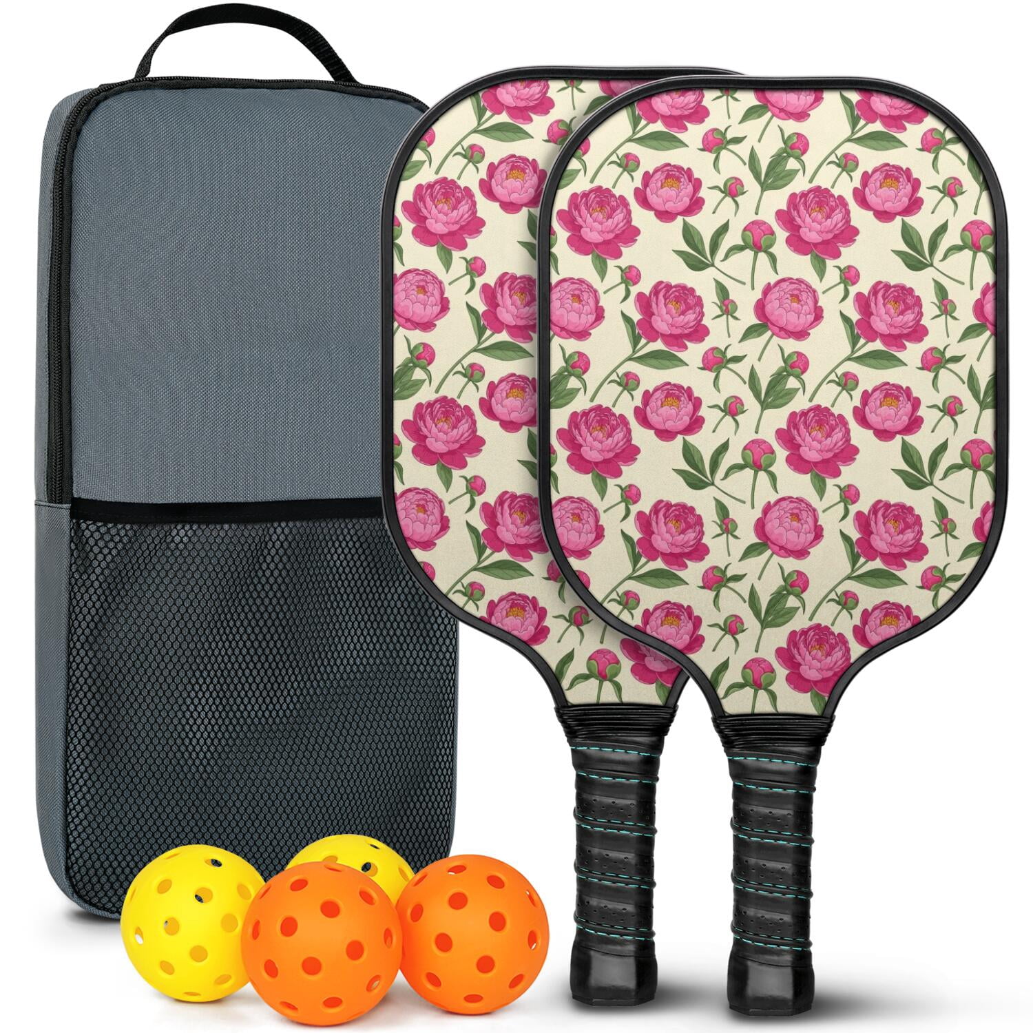 Pickleball Paddles Set,Pioneer Flower Floral Print Pattern Fiberglass Surface Pickleball Racket Set with 2 Indoor Outdoor Pickleball Balls and Pickleball Bag,Pickle-ball Equipment