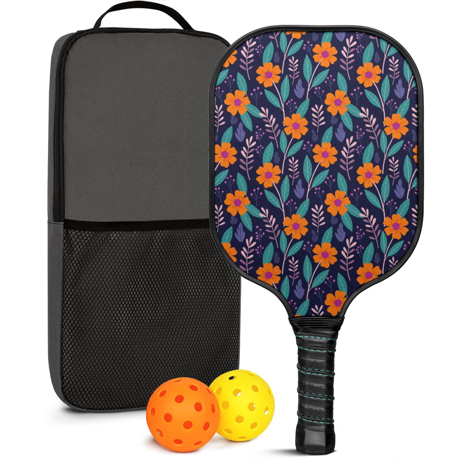 Pickleball Paddles Set,Pioneer Flower Floral Print Pattern Fiberglass Surface Pickleball Racket Set with 2 Indoor Outdoor Pickleball Balls and Pickleball Bag,Pickle-ball Equipment