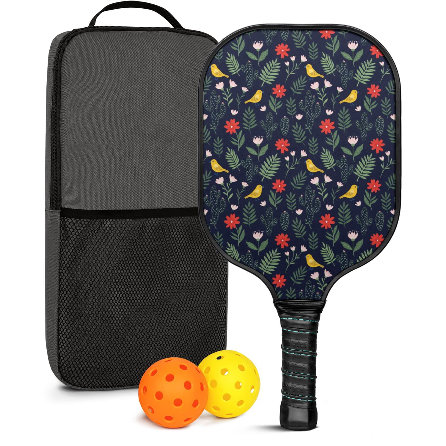 Pickleball Paddles Set,Pioneer Flower Floral Print Pattern Fiberglass Surface Pickleball Racket Set with 2 Indoor Outdoor Pickleball Balls and Pickleball Bag,Pickle-ball Equipment