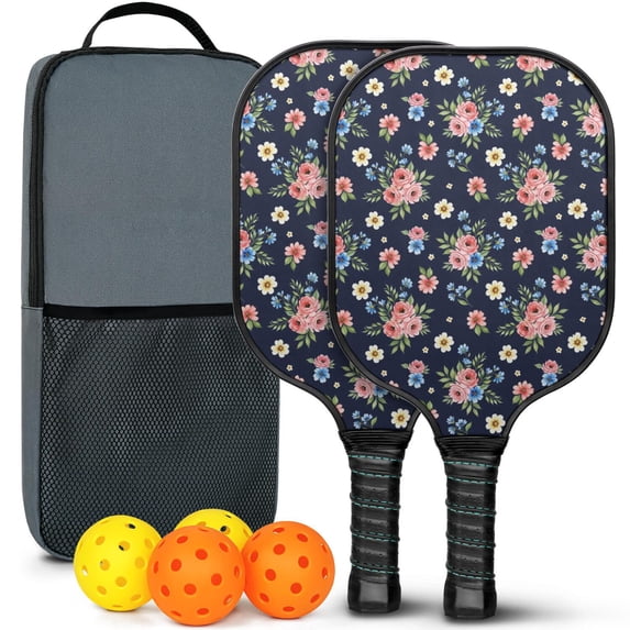 Pickleball Paddles Set,Pioneer Flower Floral Print Pattern Fiberglass Surface Pickleball Racket Set with 2 Indoor Outdoor Pickleball Balls and Pickleball Bag,Pickle-ball Equipment