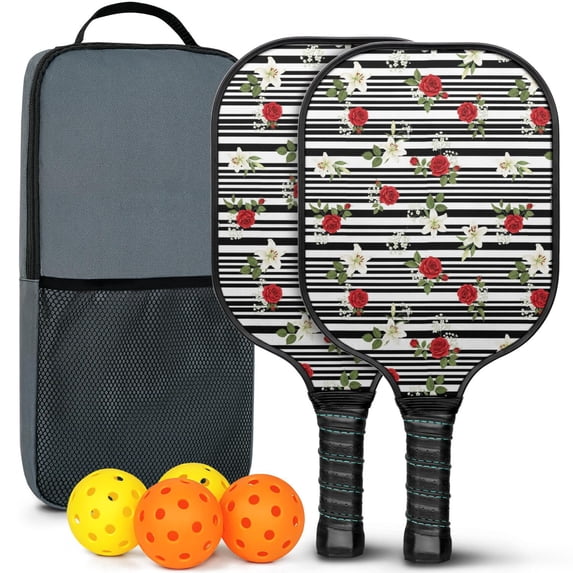 Pickleball Paddles Set,Pioneer Flower Floral Print Pattern Fiberglass Surface Pickleball Racket Set with 2 Indoor Outdoor Pickleball Balls and Pickleball Bag,Pickle-ball Equipment