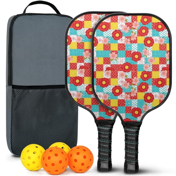 Pickleball Paddles Set,Pioneer Flower Floral Print Pattern Fiberglass Surface Pickleball Racket Set with 2 Indoor Outdoor Pickleball Balls and Pickleball Bag,Pickle-ball Equipment