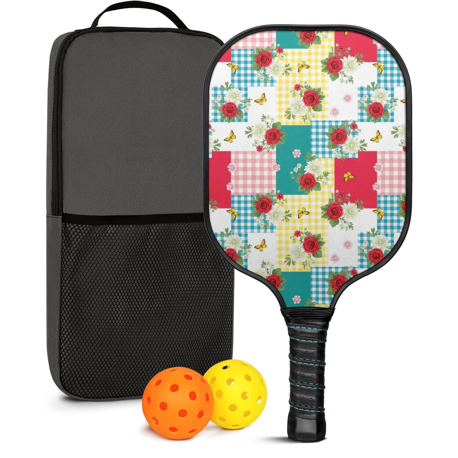 Pickleball Paddles Set,Pioneer Flower Floral Print Pattern Fiberglass Surface Pickleball Racket Set with 2 Indoor Outdoor Pickleball Balls and Pickleball Bag,Pickle-ball Equipment