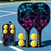 Pickleball Paddles Set of 2, Blue Pink Geometric Surface Rackets with 4 Balls & Storage Bag, Non-Slip Grip, Indoor Outdoor Pickleball Equipment