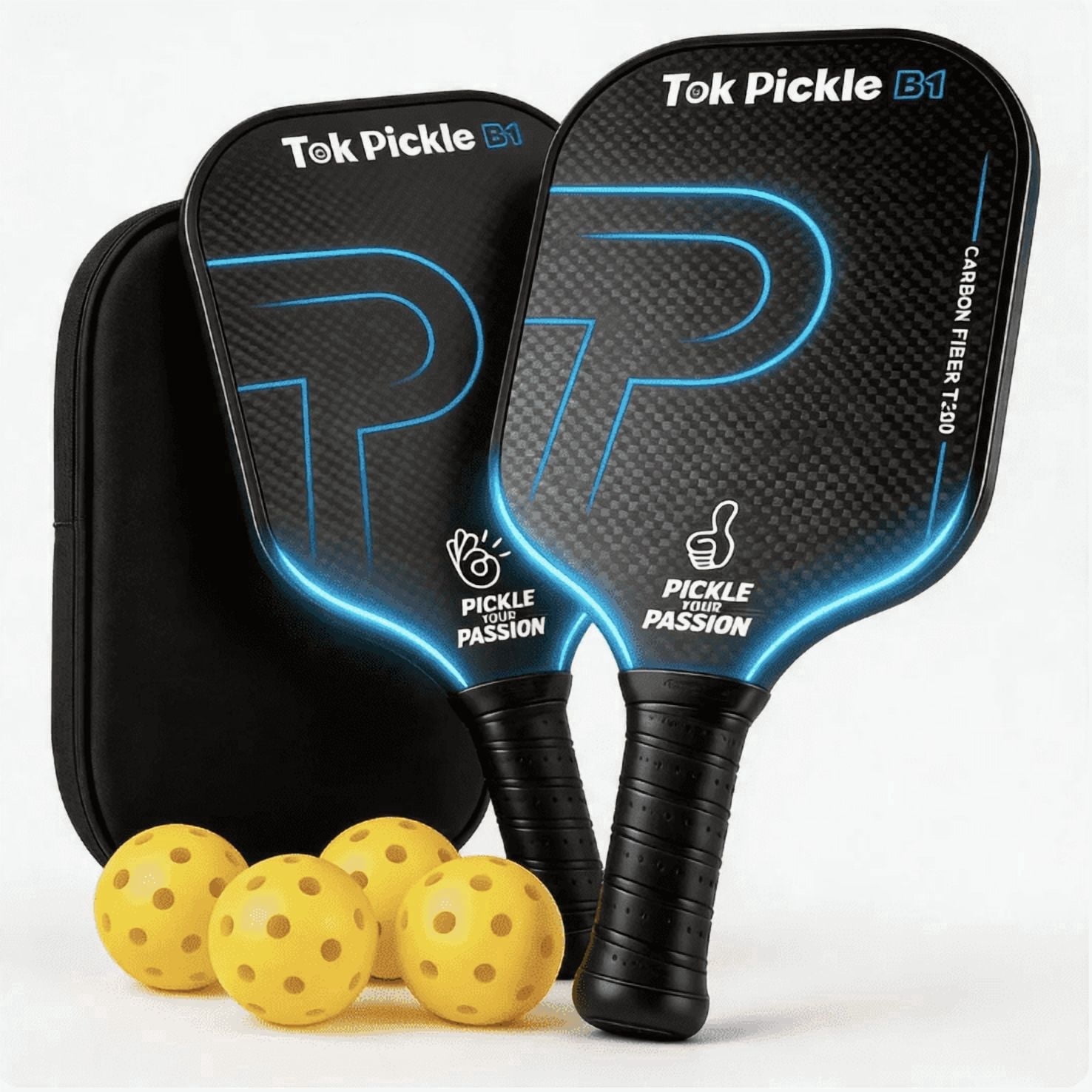 16mm Carbon Fiber Pickleball Paddle Set of 2, Raw Surface for Spin & Control, Includes Bag & 4 Balls