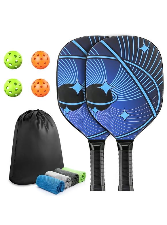Pickleball Paddles, Pickleball Starter Set with 2 Premium Wood Pickle ball Paddle Set for All Ages, 4 Cooling Towels & Carring Bag, Ergonomic Cushion Grip, 2 Outdoor Balls 2 Indoor Balls, Blue