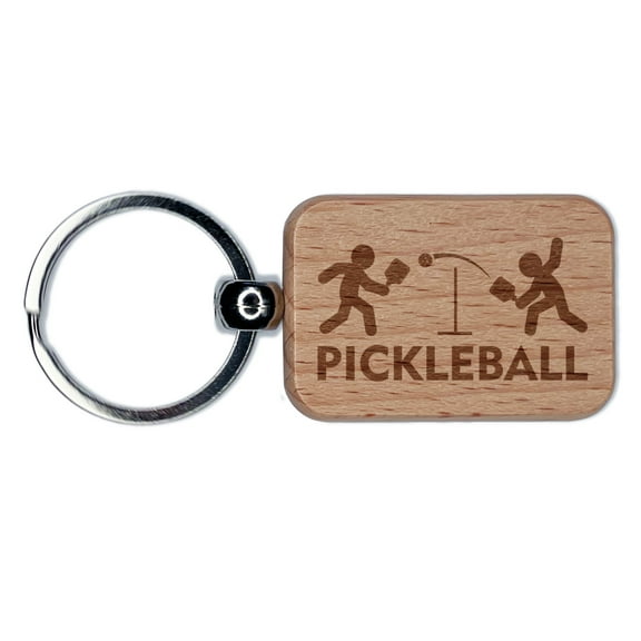 Pickleball Players Volley Sport Rectangle Keychain Charm Tag - Engraved Wood