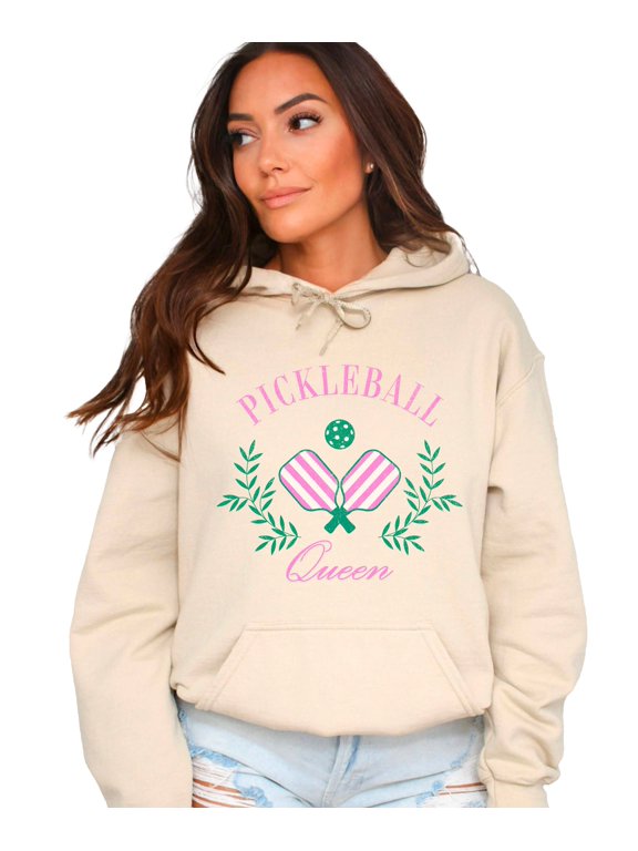 Pickleball Queen Hoodie for Women Preppy Pink Green Paddle Pullover, Sand Hoodie, XL