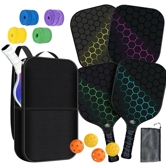 Pickleball Set - 4 rackets + 4 balls, rackets made of fiberglass graphite material, high elasticity and low noise, family entertainment set - offensive competition rackets (with storage bag)