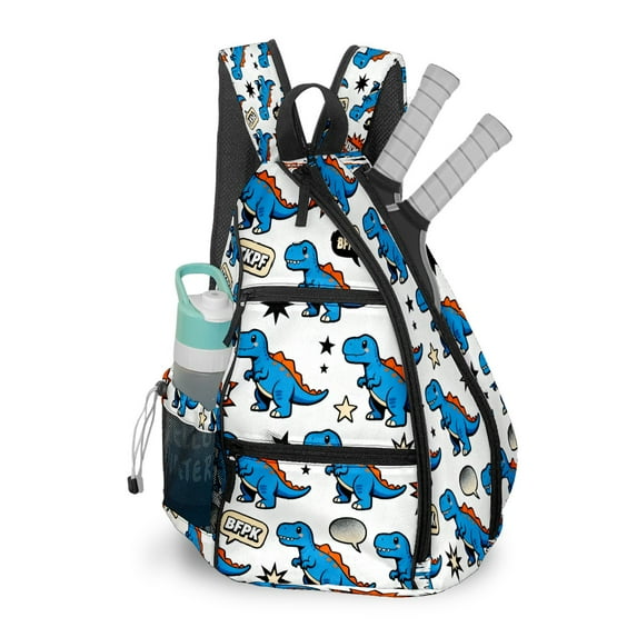 Pickleball Shoulder Bag for Men and Women - Fence Hook - Crossbody Backpack with Water Bottle Holder Blue Dinosaurs