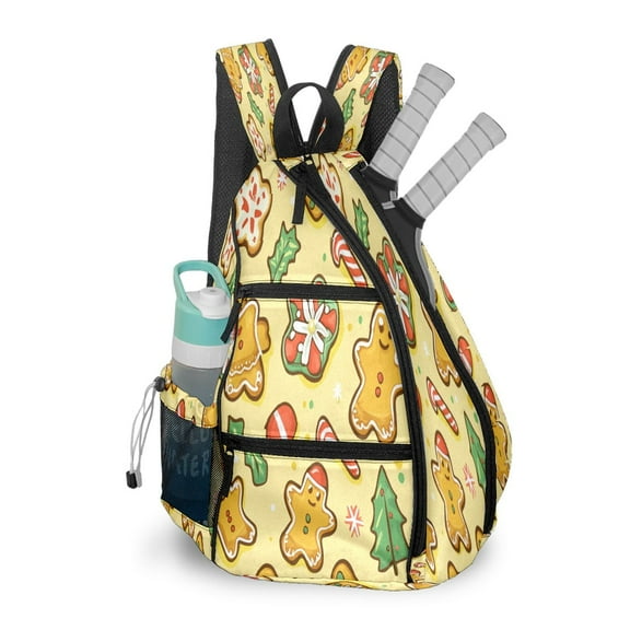 Pickleball Shoulder Bag for Men and Women - Fence Hook - Crossbody Backpack with Water Bottle Holder Christmas Gingerbread Man Candy