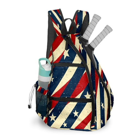 Pickleball Shoulder Bag for Men and Women - Fence Hook - Crossbody Backpack with Water Bottle Holder Red Blue White Stripes