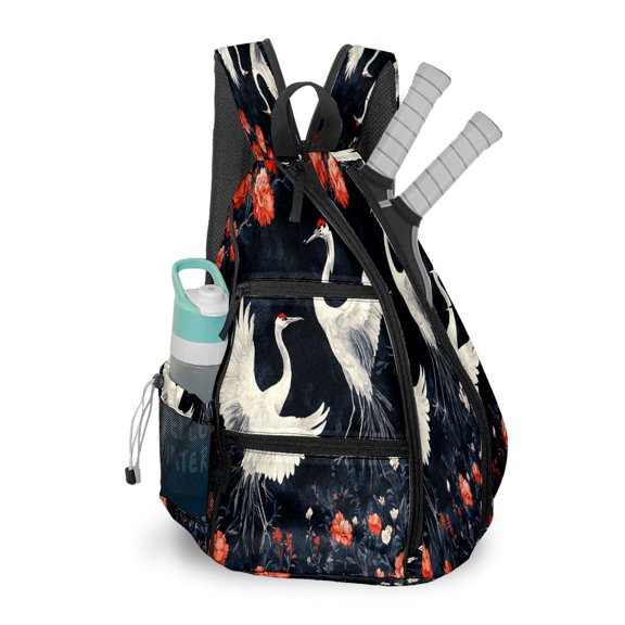 Pickleball Shoulder Bag for Men and Women - Fence Hook - Crossbody Backpack with Water Bottle Holder White Crane