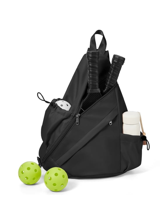Pickleball Sling Bag, Black Waterproof Crossbody Backpack Fits 2 Paddles and Water Bottle, Lightweight Pickleball Bag for Men Women, Tennis Racketball Sports