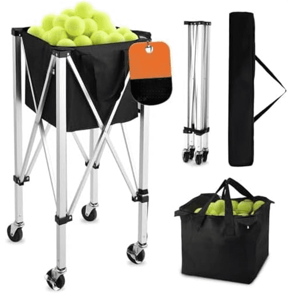 Pickleball Tennis Ball Hopper-Foldable Lightweight Tennis Cart Holds 180 Tennis/160 Pickleballs with Removable Bag,Wheels,Side Pocket for Training/Teaching, for Tennis/Pickleball/Baseball/Softball