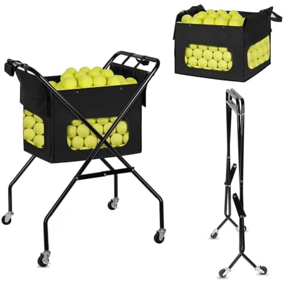 Pickleball Tennis Ball Hopper Tennis Basket Foldable Pickleball Ball Holder Caddy with Wheels Removable Bag Portable Tennis Ball Picker Cart Holds 170 Tennis  or 140 Pickleballs