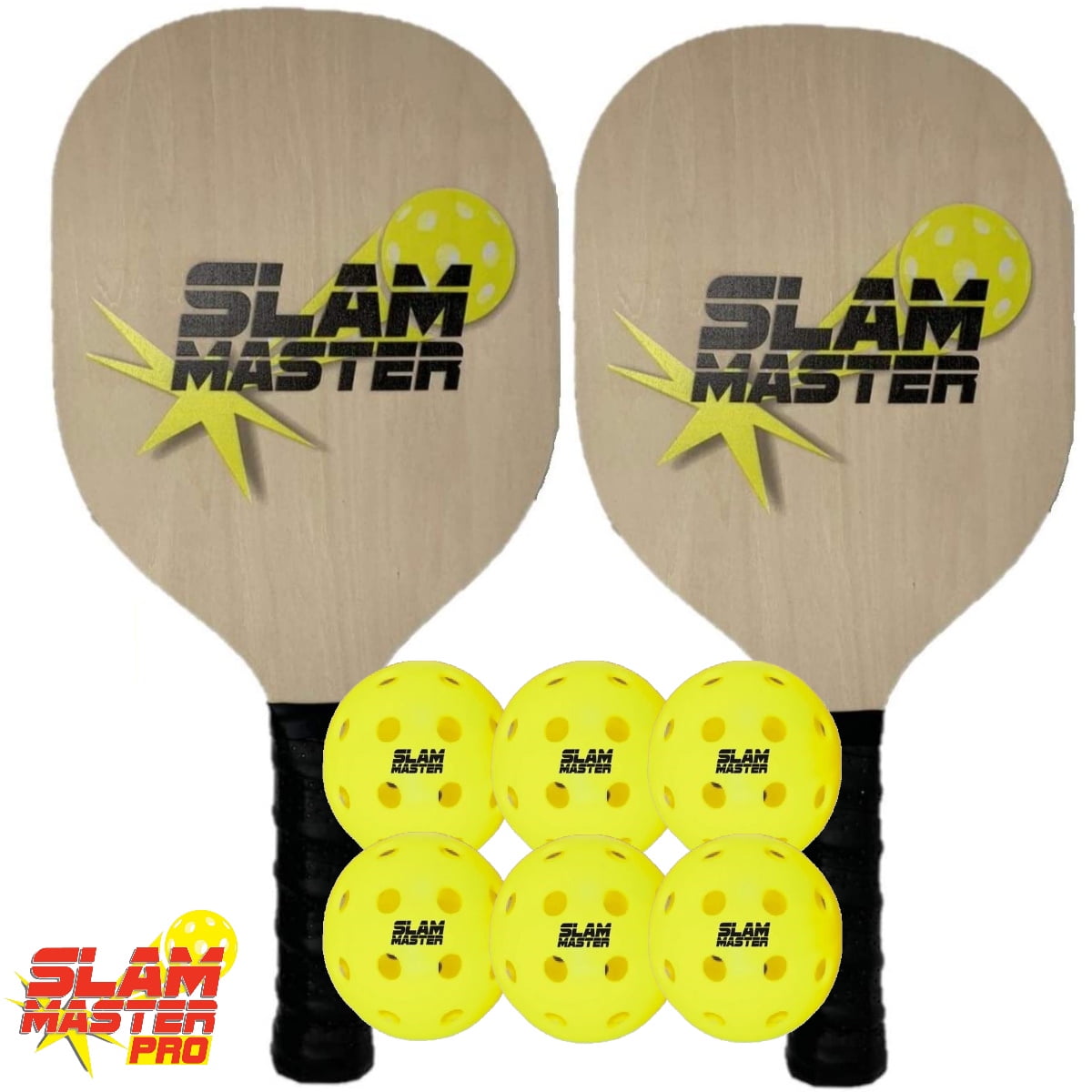 Pickleball Wood Paddles & 6 Premium PickleBall Balls – Slam Master Pickle Balls w/Lifetime Replacement Guarantee + 2 Light Weight PickleBall Paddles for All Levels & Ages (Set 2 Paddles, 6 Balls)